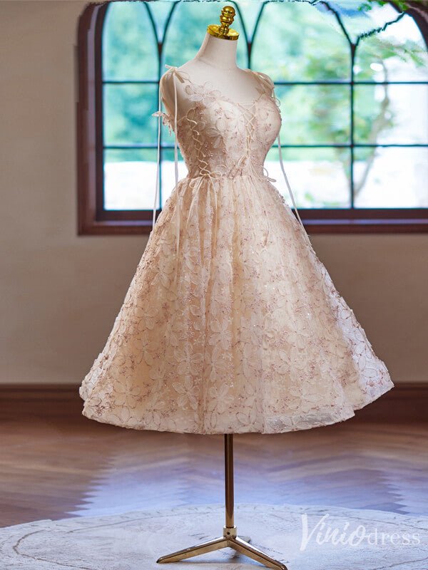 Blush Floral Lace Homecoming Dress Spaghetti Strap Back to School Dress 8008-prom dresses 2025 -Viniodress-Blush Pink-Custom Size-