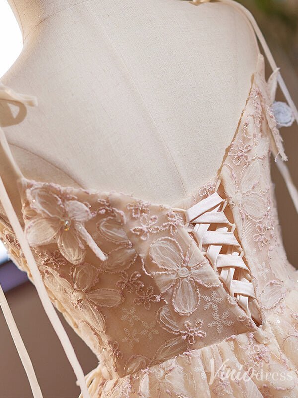 Blush Floral Lace Homecoming Dress Spaghetti Strap Back to School Dress 8008-prom dresses 2025 -Viniodress-Blush Pink-Custom Size-