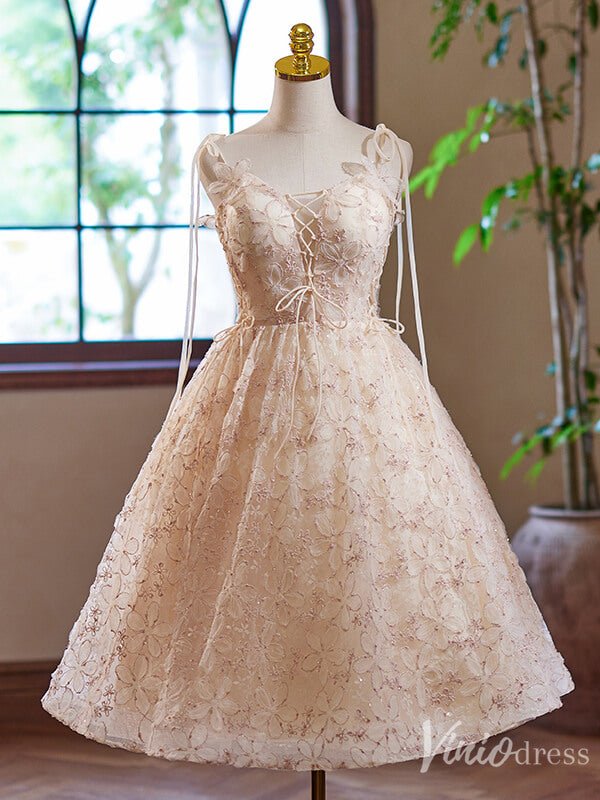 Blush Floral Lace Homecoming Dress Spaghetti Strap Back to School Dress 8008-prom dresses 2025 -Viniodress-Blush Pink-Custom Size-