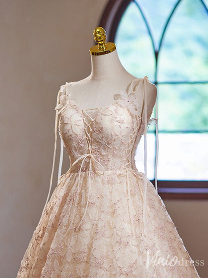 Blush Floral Lace Homecoming Dress Spaghetti Strap Back to School Dress 8008-prom dresses 2025 -Viniodress-Blush Pink-Custom Size-