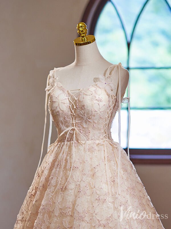 Blush Floral Lace Homecoming Dress Spaghetti Strap Back to School Dress 8008 - Viniodressprom dressesBlush PinkCustom Size - Formal Dresses - Ball Gowns