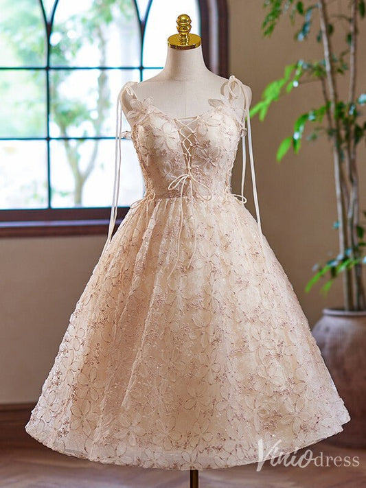 Blush Floral Lace Homecoming Dress Spaghetti Strap Back to School Dress 8008 - Viniodressprom dressesBlush PinkCustom Size - Formal Dresses - Ball Gowns