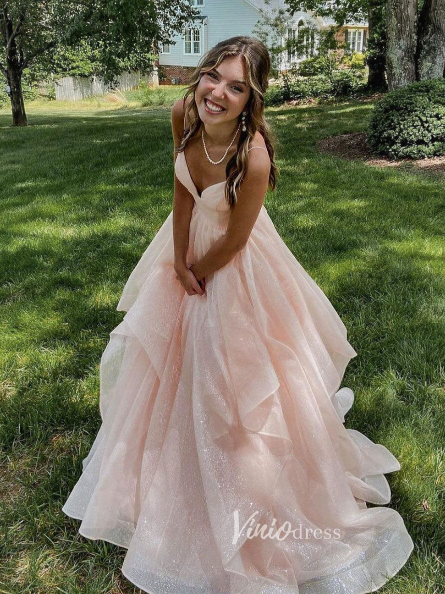 Blush Layered Ruffle Prom Dresses Sparkly Tulle Spaghetti Strap Evening Dress FD2954-prom dresses 2025 -Viniodress-Blush Pink-Custom Size-