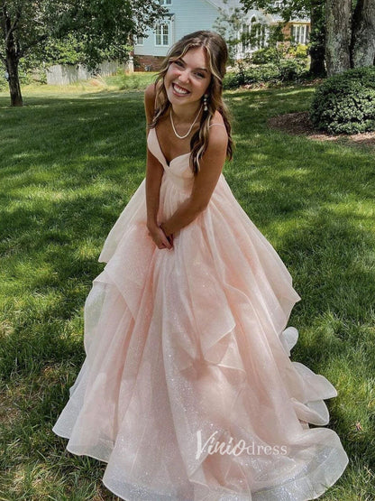 Blush Layered Ruffle Prom Dresses Sparkly Tulle Spaghetti Strap Evening Dress FD2954-prom dresses 2025 -Viniodress-Blush Pink-Custom Size-