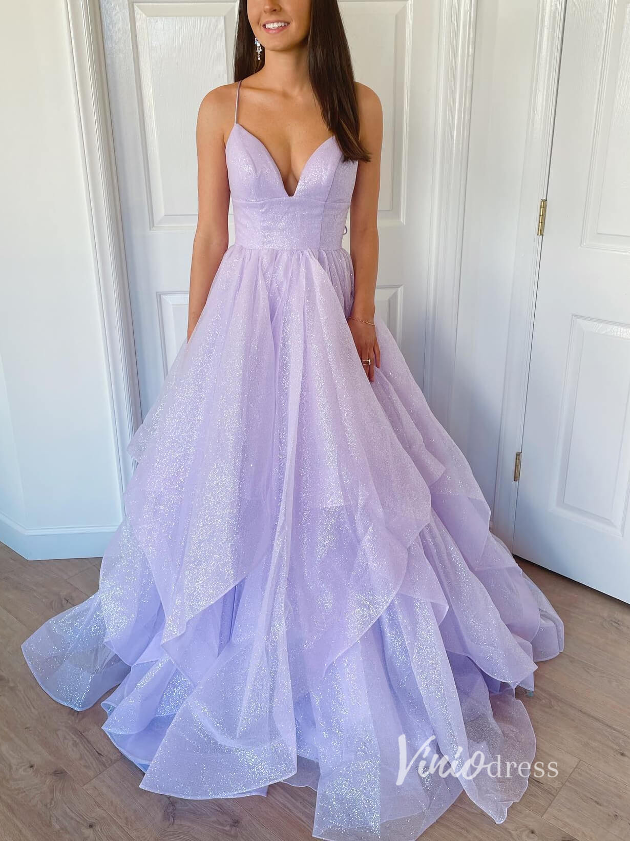 Blush Layered Ruffle Prom Dresses Sparkly Tulle Spaghetti Strap Evening Dress FD2954-prom dresses 2025 -Viniodress-Blush Pink-Custom Size-