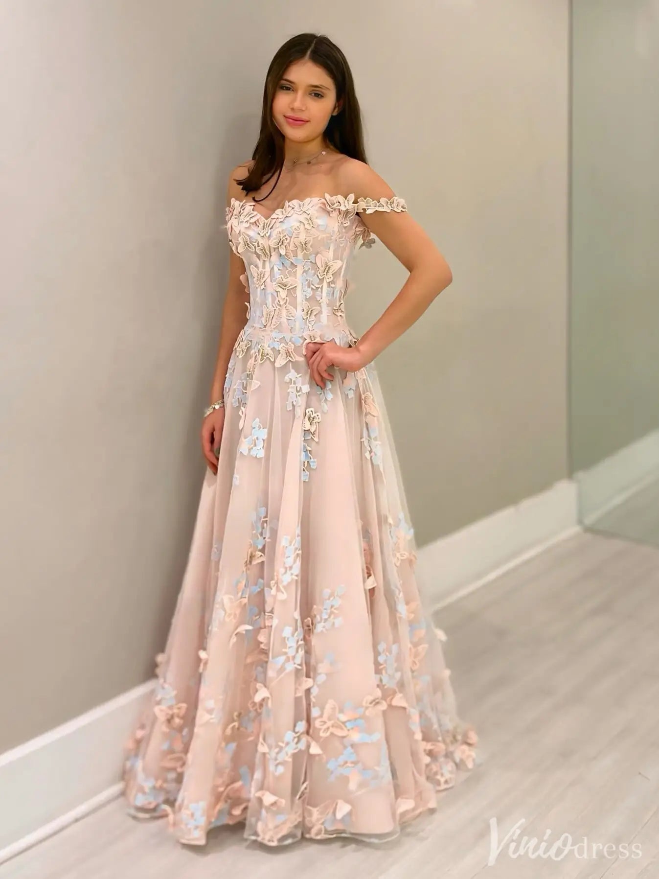 Blush Off-Shoulder Floral Tulle Prom Dress – 3D Flower Appliqués & Butterfly Accents | IS003-prom dresses 2025 -Viniodress-Blush Pink-Custom Size-