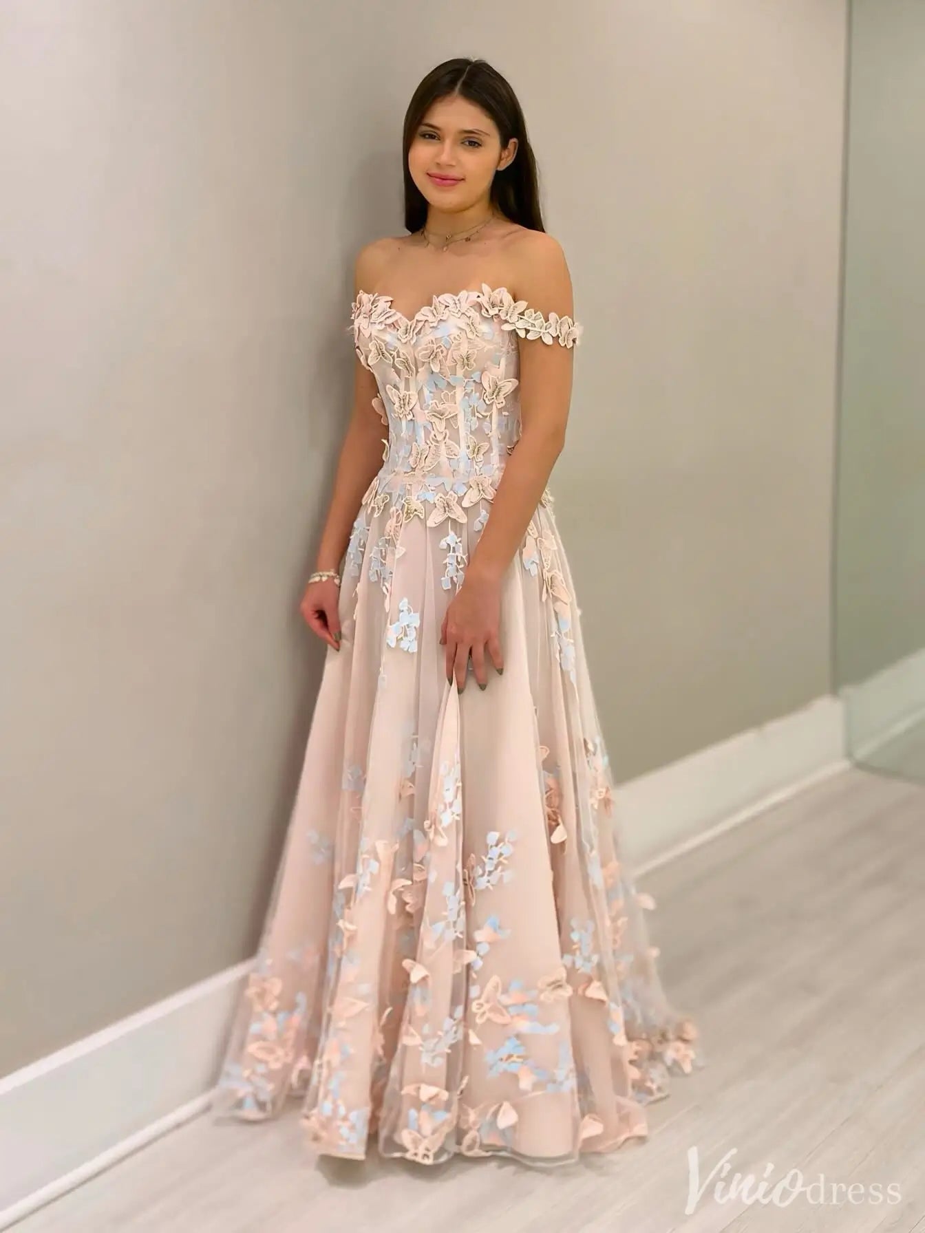 Blush Off-Shoulder Floral Tulle Prom Dress – 3D Flower Appliqués & Butterfly Accents | IS003-prom dresses 2025 -Viniodress-Blush Pink-Custom Size-