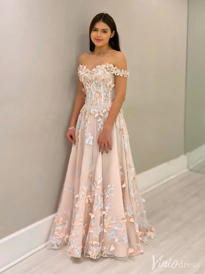 Blush Off-Shoulder Floral Tulle Prom Dress – 3D Flower Appliqués & Butterfly Accents | IS003-prom dresses 2025 -Viniodress-Blush Pink-Custom Size-