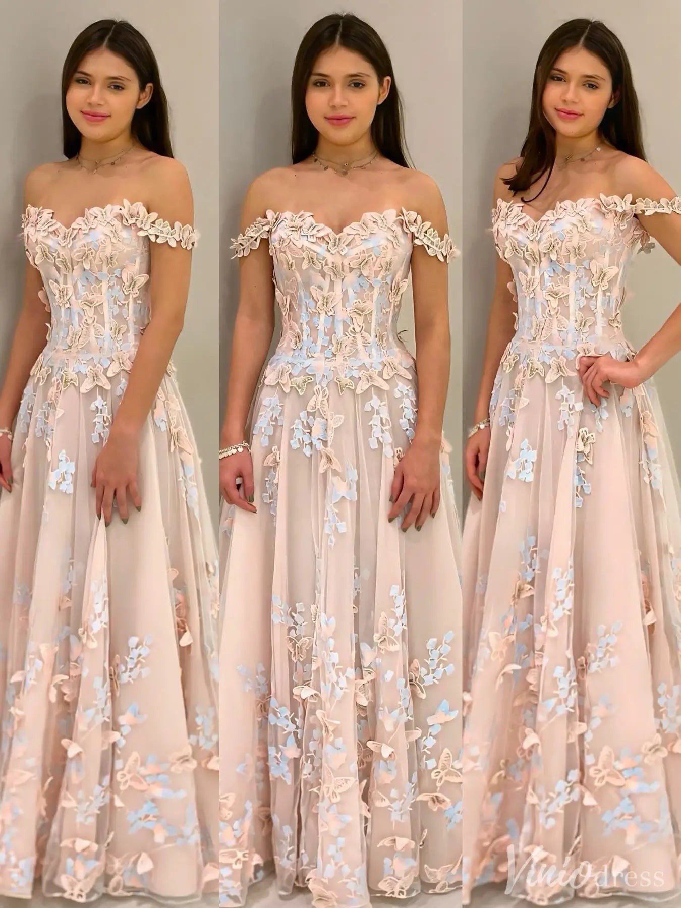 Blush Off-Shoulder Floral Tulle Prom Dress – 3D Flower Appliqués & Butterfly Accents | IS003-prom dresses 2025 -Viniodress-Blush Pink-Custom Size-