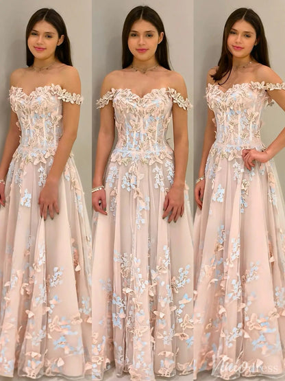Blush Off-Shoulder Floral Tulle Prom Dress – 3D Flower Appliqués & Butterfly Accents | IS003-prom dresses 2025 -Viniodress-Blush Pink-Custom Size-