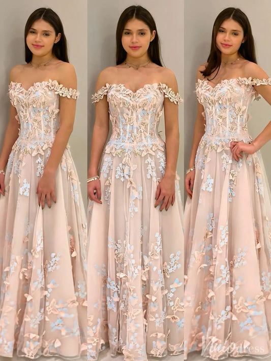 Blush Off-Shoulder Floral Tulle Prom Dress – 3D Flower Appliqués & Butterfly Accents | IS003-prom dresses 2025 -Viniodress-Blush Pink-Custom Size-
