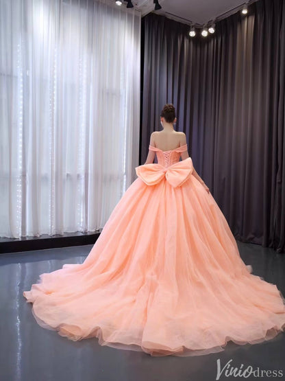 Blush Off the Shoulder Bow Wedding Gowns Lace Beaded Quinceanera Dress 241075-Quinceanera Dresses 2025 -Viniodress-Pink-Custom Size-