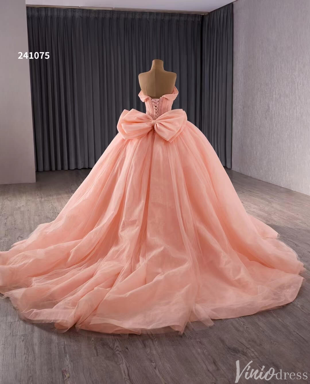 Blush Off the Shoulder Bow Wedding Gowns Lace Beaded Quinceanera Dress 241075-Quinceanera Dresses 2025 -Viniodress-Pink-Custom Size-