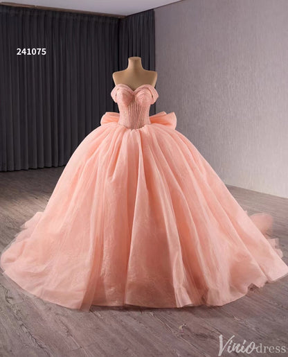 Blush Off the Shoulder Bow Wedding Gowns Lace Beaded Quinceanera Dress 241075-Quinceanera Dresses 2025 -Viniodress-Pink-Custom Size-