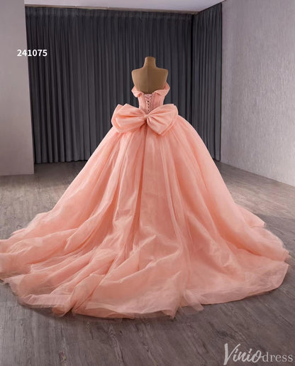 Blush Off the Shoulder Bow Wedding Gowns Lace Beaded Quinceanera Dress 241075-Quinceanera Dresses 2025 -Viniodress-Pink-Custom Size-