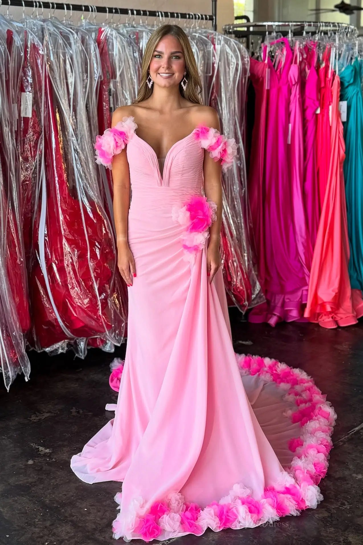 Blush Off-the-Shoulder Chiffon Mermaid Prom Dress with 3D Floral Straps & Flower-Trim Train – SS368-prom dresses 2026-Viniodress-Pink-Custom Size-