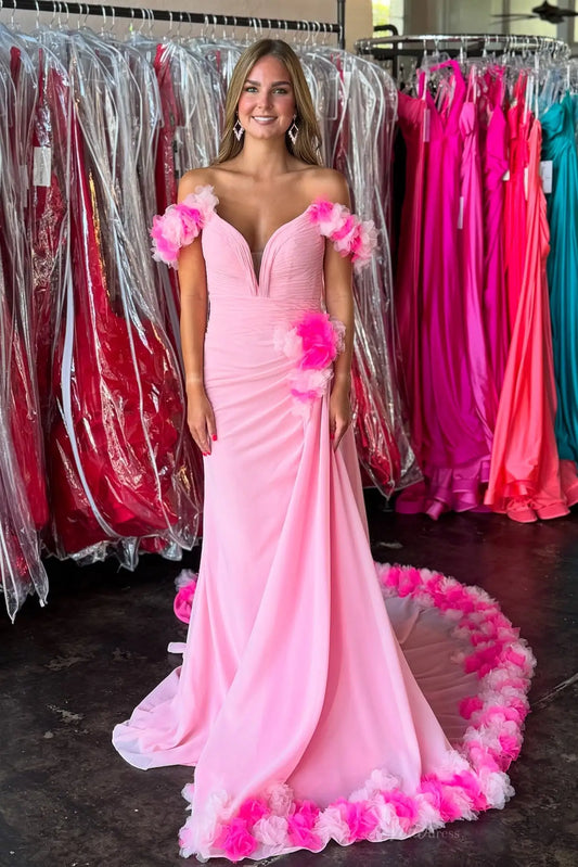 Blush Off-the-Shoulder Chiffon Mermaid Prom Dress with 3D Floral Straps & Flower-Trim Train – SS368-prom dresses 2026-Viniodress-Pink-Custom Size-
