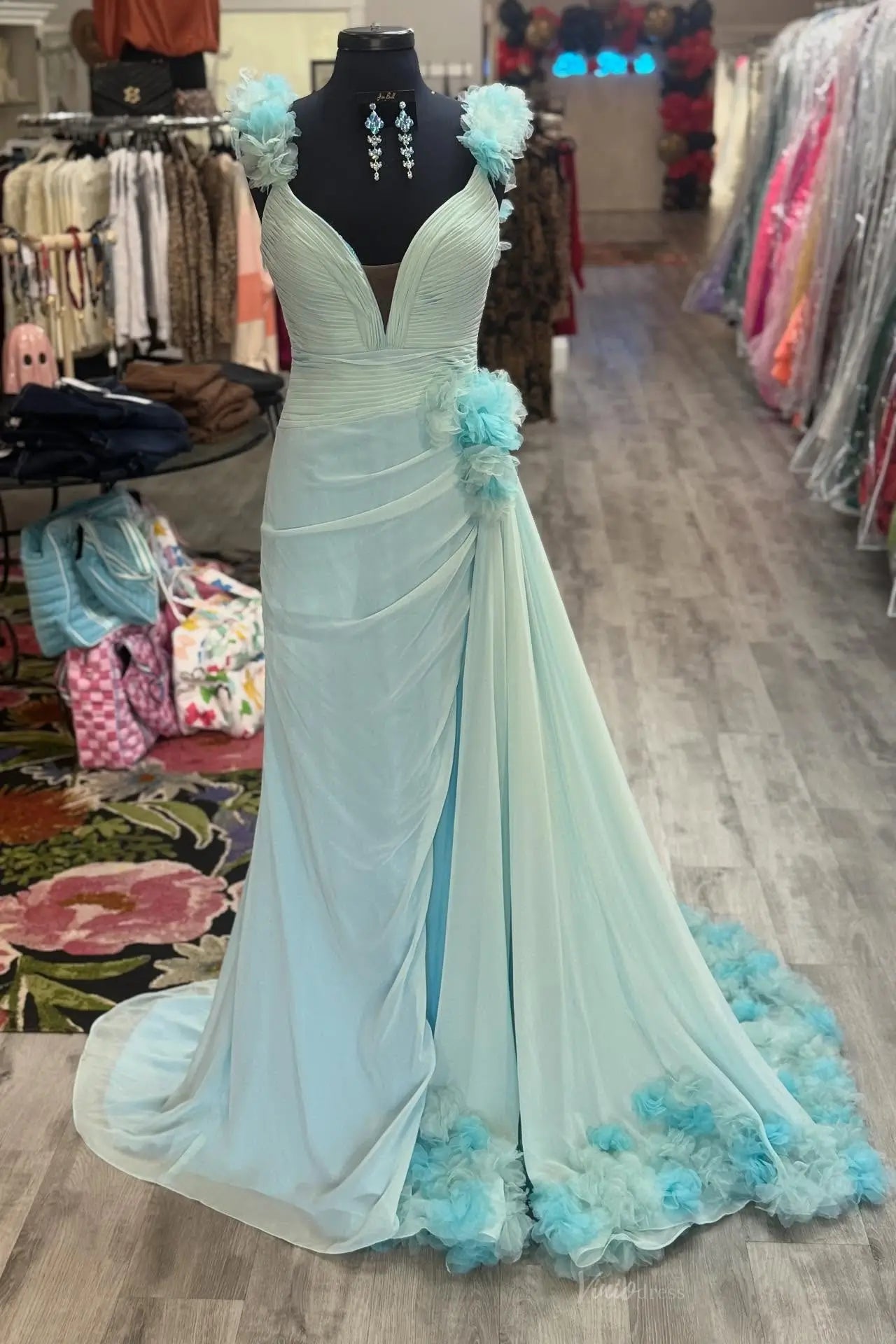 Blush Off-the-Shoulder Chiffon Mermaid Prom Dress with 3D Floral Straps & Flower-Trim Train – SS368-prom dresses 2026-Viniodress-Turquoise-Custom Size-