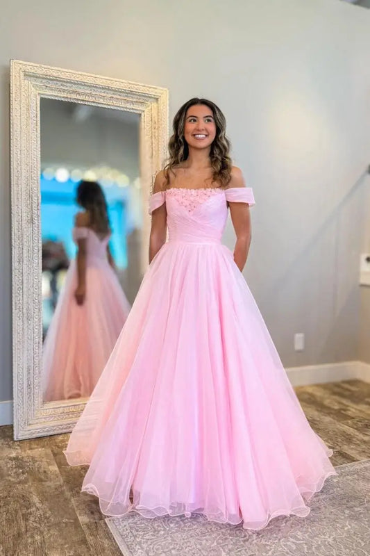 Blush Off-the-Shoulder Tulle Ball Gown Prom Dress with Ruched Bodice & Beaded Neckline – AE2001-Prom Dresses 2026-Viniodress-Pink-Custom Size-