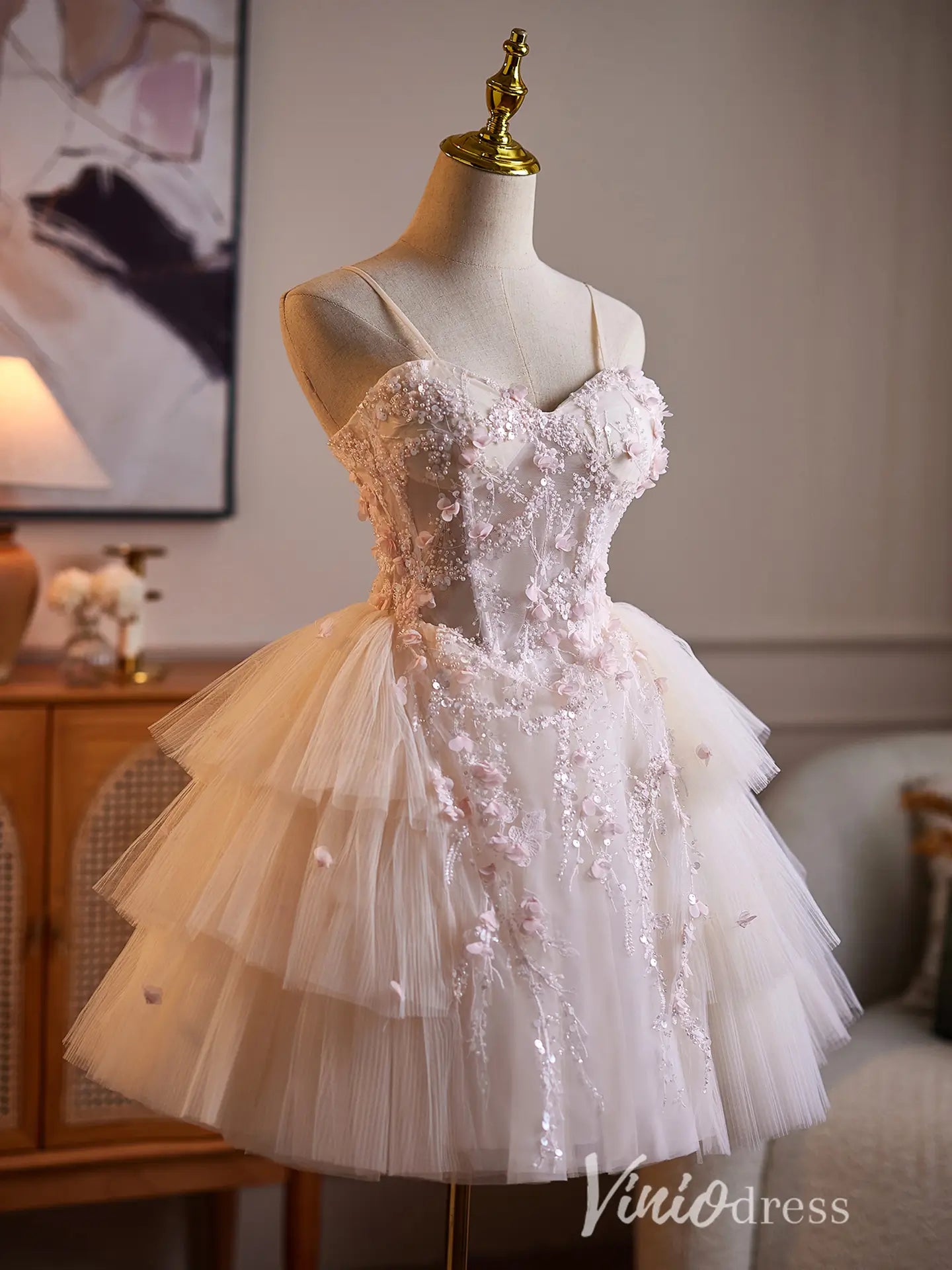 Blush Pink 3D Floral Beaded Corset Homecoming Dress with Tiered Tulle Skirt & Spaghetti Straps - BJ112-prom dresses 2026-Viniodress-Blush-US 0-