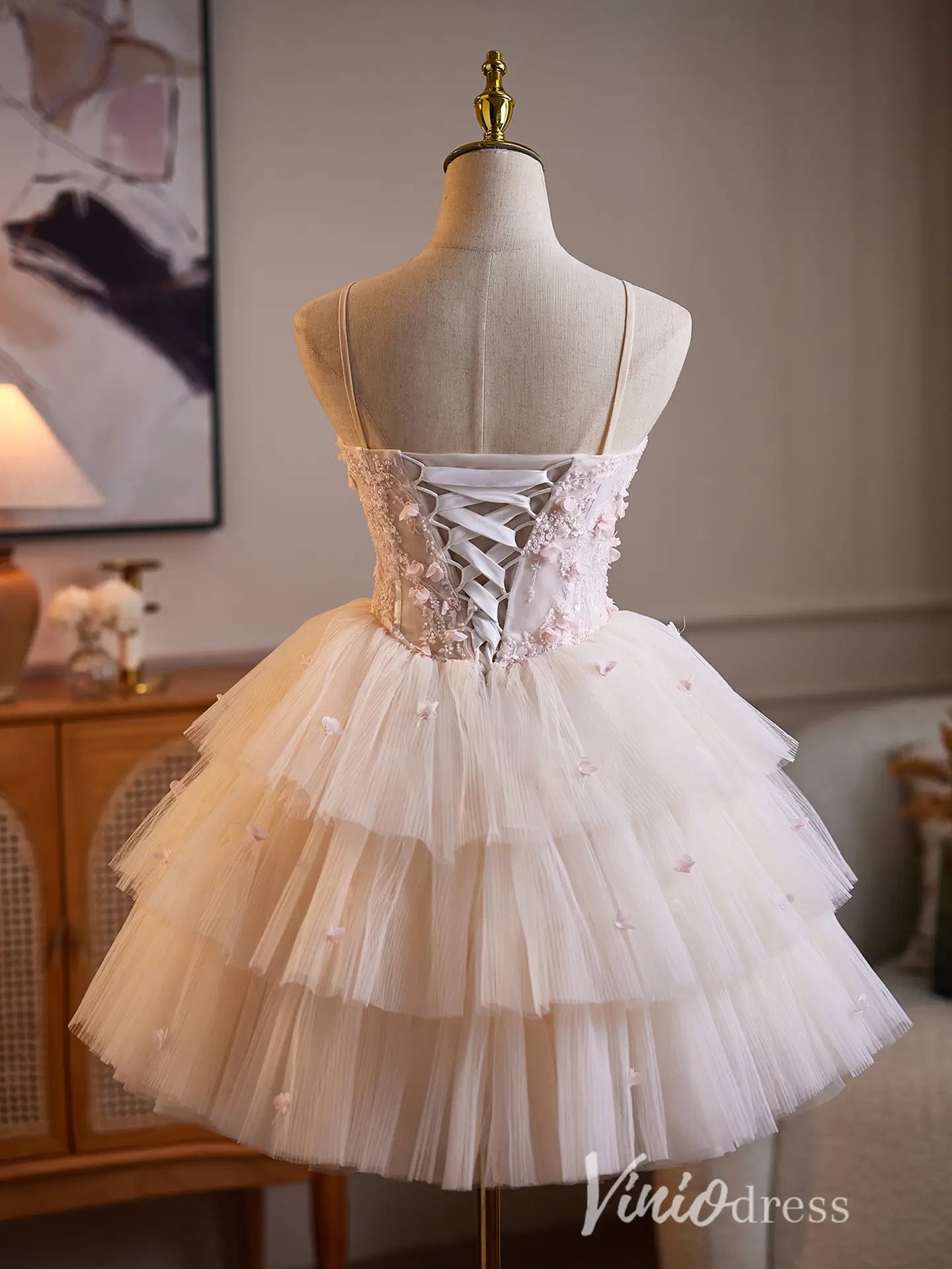 Blush Pink 3D Floral Beaded Corset Homecoming Dress with Tiered Tulle Skirt & Spaghetti Straps - BJ112-prom dresses 2026-Viniodress-Blush-US 0-
