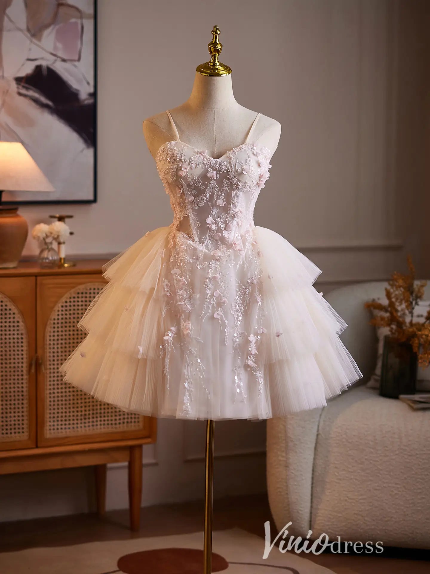 Blush Pink 3D Floral Beaded Corset Hoco Dress with Tiered Tulle Viniodress Blush Pink 3D Floral Beaded Corset Hoco Dress with Tiered Tulle Viniodress
