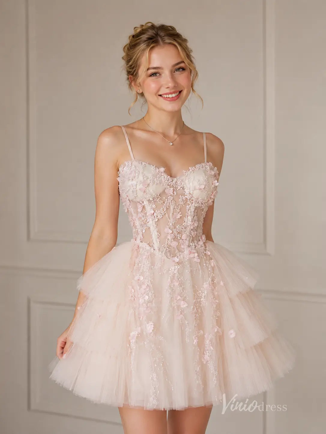 Blush Pink 3D Floral Beaded Corset Homecoming Dress with Tiered Tulle Skirt & Spaghetti Straps - BJ112-prom dresses 2026-Viniodress-Blush-US 0-