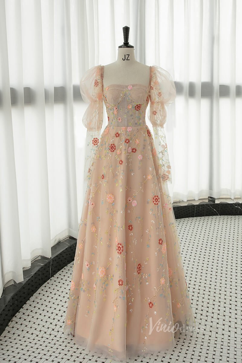 Blush Pink Beaded Floral Lace Prom Dresses Removable Sheer Long Sleeve 90064-prom dresses 2025 -Viniodress-Blush Pink-Custom Size-