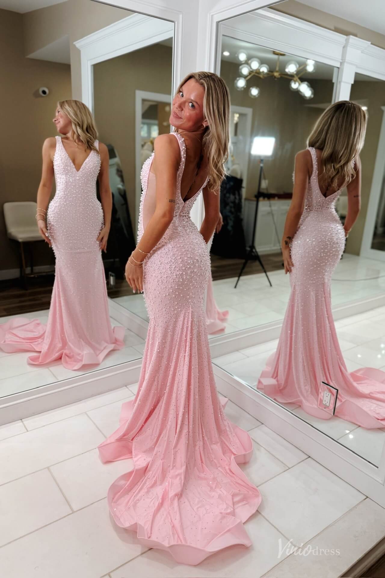Blush Pink Beaded Mermaid Prom Dress with Deep V Neckline & Low Back – SS144-prom dresses 2026-Viniodress-Blush-Custom Size-