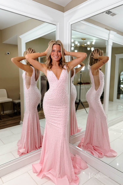 Blush Pink Beaded Mermaid Prom Dress with Deep V Neckline & Low Back – SS144-prom dresses 2026-Viniodress-Blush-Custom Size-
