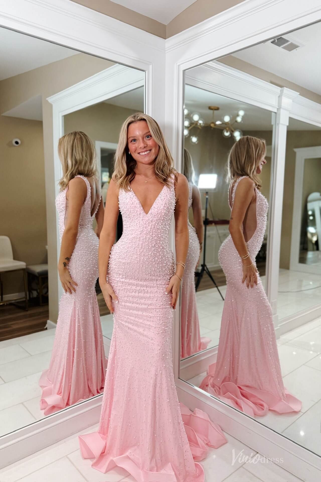 Blush Pink Beaded Mermaid Prom Dress with Deep V Neckline & Low Back – SS144-prom dresses 2026-Viniodress-Blush-Custom Size-