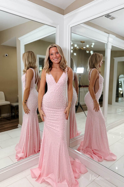 Blush Pink Beaded Mermaid Prom Dress with Deep V Neckline & Low Back – SS144-prom dresses 2026-Viniodress-Blush-Custom Size-