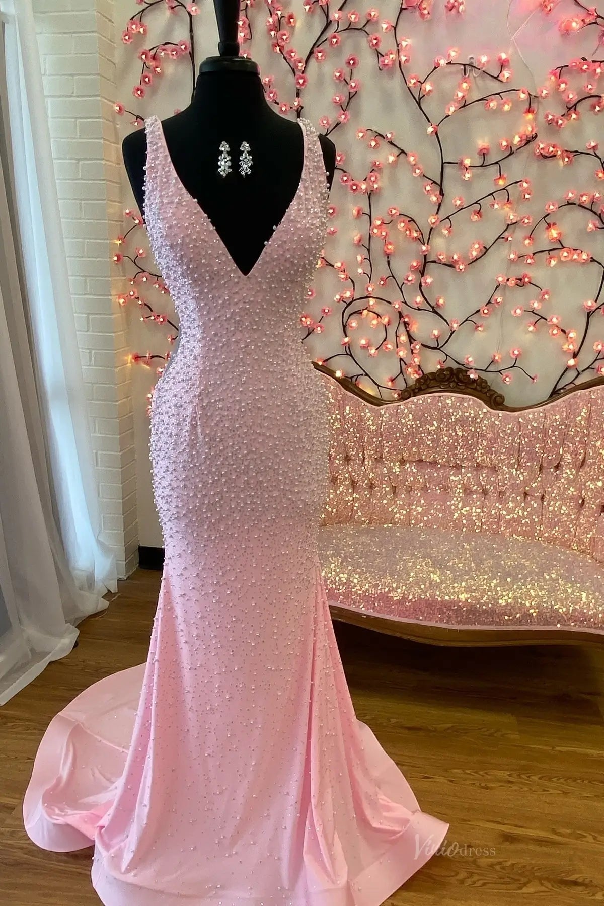 Blush Pink Beaded Mermaid Prom Dress with Deep V Neckline & Low Back – SS144-prom dresses 2026-Viniodress-Blush-Custom Size – Add Measurements in Cart-