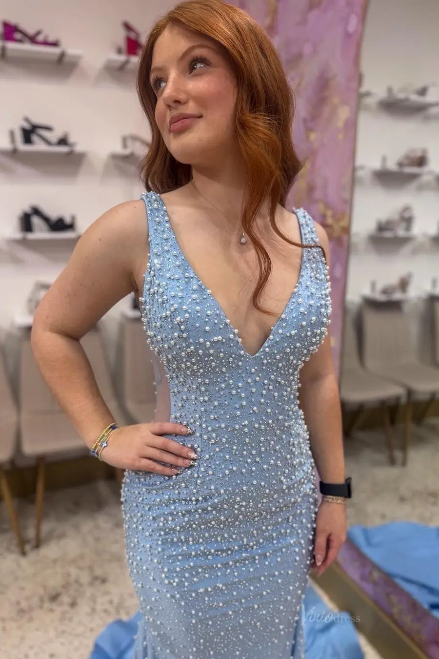 Blush Pink Beaded Mermaid Prom Dress with Deep V Neckline & Low Back – SS144-prom dresses 2026-Viniodress-Blush-Custom Size – Add Measurements in Cart-