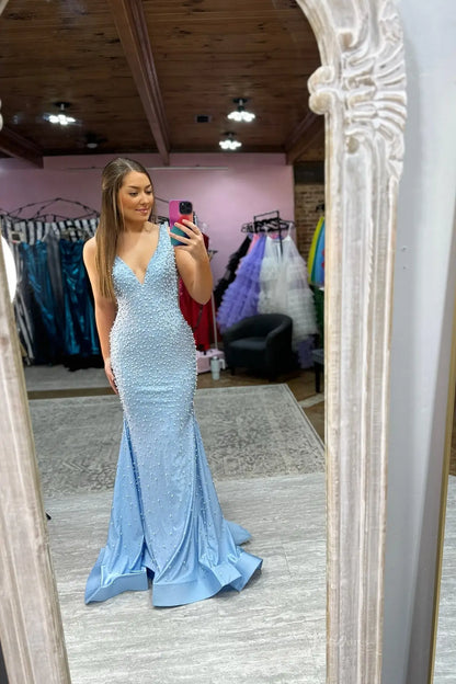 Blush Pink Beaded Mermaid Prom Dress with Deep V Neckline & Low Back – SS144-prom dresses 2026-Viniodress-Blush-Custom Size – Add Measurements in Cart-