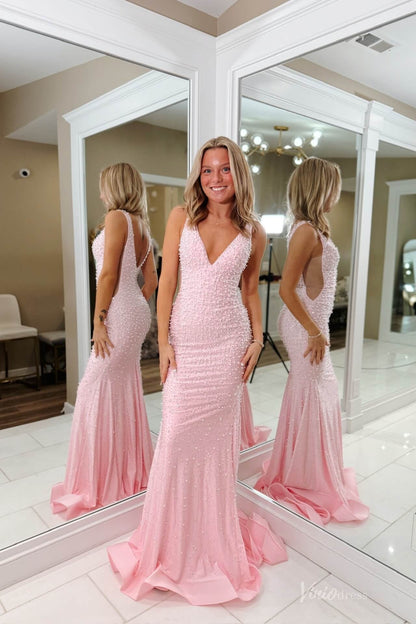Blush Pink Beaded Mermaid Prom Dress with Deep V Neckline & Low Back – SS144