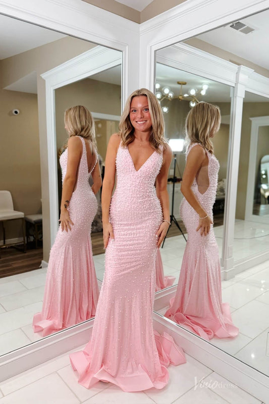 Blush Pink Beaded Mermaid Prom Dress with Deep V Neckline & Low Back – SS144