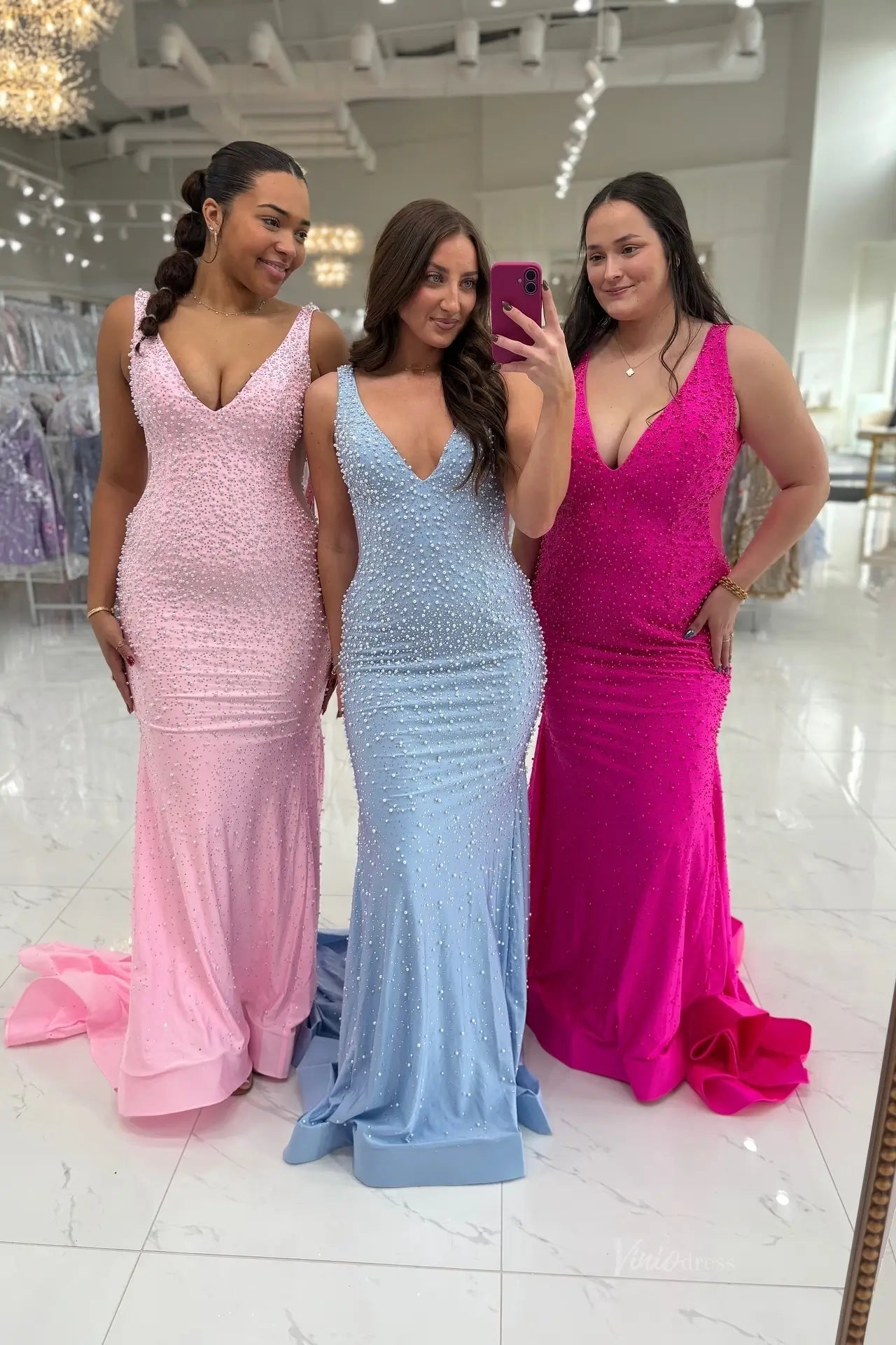 Blush Pink Beaded Mermaid Prom Dress with Deep V Neckline & Low Back – SS144-prom dresses 2026-Viniodress-Fuchsia-Custom Size – Add Measurements in Cart-