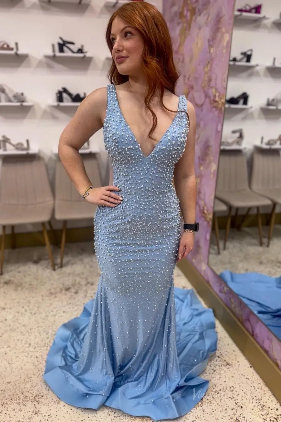 Blush Pink Beaded Mermaid Prom Dress with Deep V Neckline & Low Back Viniodress Blush Pink Beaded Mermaid Prom Dress with Deep V Neckline & Low Back Viniodress