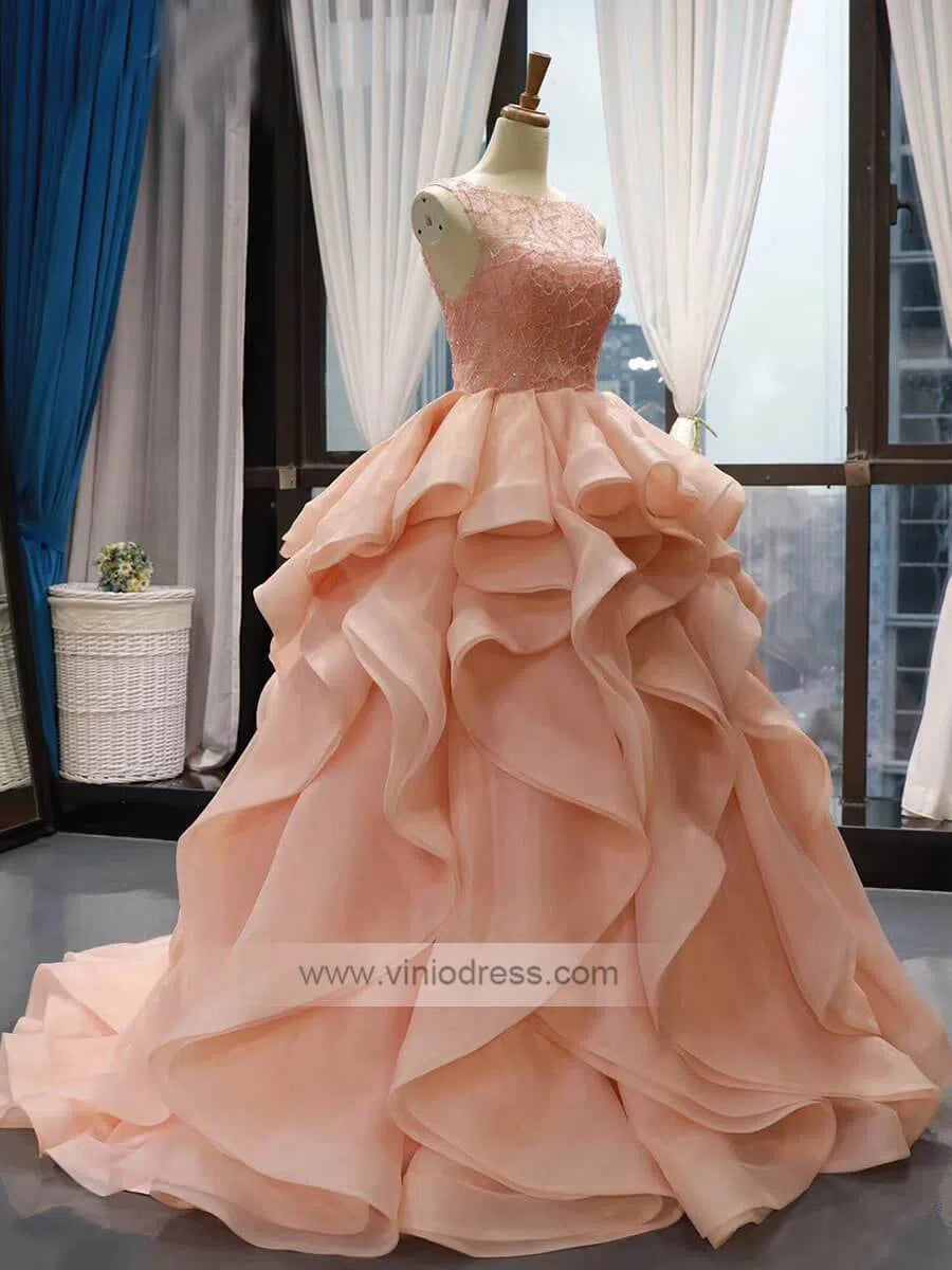 Blush Pink Beaded Quinceanera Dresses Tiered Prom Dress FD1096 viniodress-prom dresses-Viniodress-Viniodress