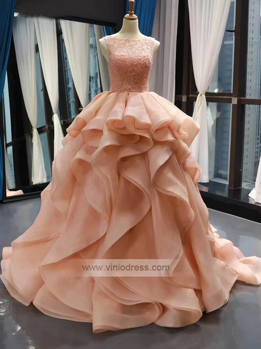 Blush Pink Beaded Quinceanera Dresses Tiered Prom Dress FD1096 viniodress-prom dresses-Viniodress-Blush Pink-US 2-Viniodress