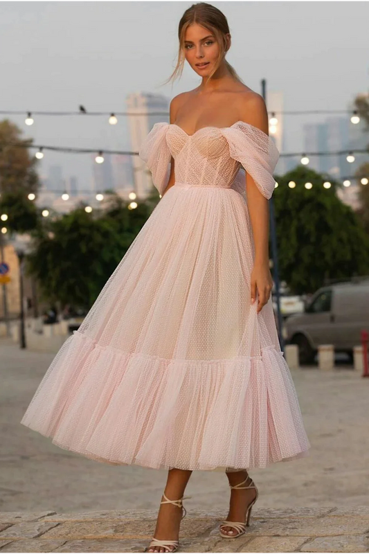 Blush Pink Dotted Tulle Homecoming Dresses Off the Shoulder Tea-Length Dress SD1675-Homecoming Dresses 2025 -Viniodress-Blush-Custom Size-