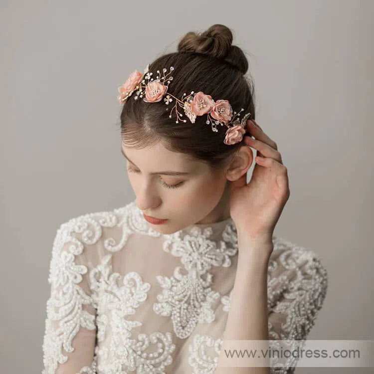 Blush Pink Floral Headband with Crystals Viniodress ACC1114-Headpieces-Viniodress-Blush Pink-Viniodress