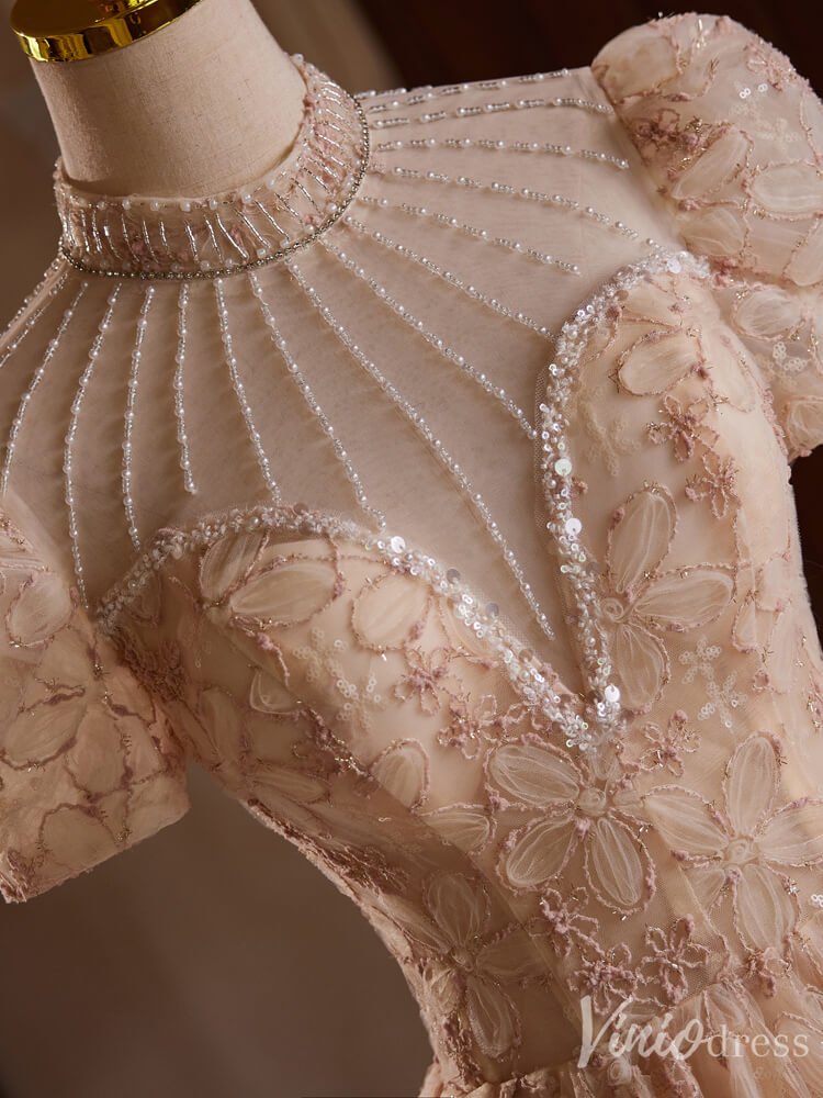 Blush Pink Floral Lace Homecoming Dresses High Neck Puffed Sleeve Tea Length Dress BJ044-prom dresses 2025 -Viniodress-Blush Pink-Custom Size-