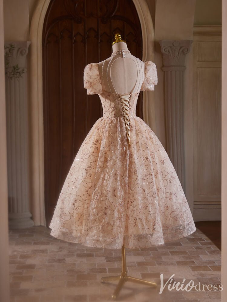 Blush Pink Floral Lace Homecoming Dresses High Neck Puffed Sleeve Tea Length Dress BJ044-prom dresses 2025 -Viniodress-Blush Pink-Custom Size-
