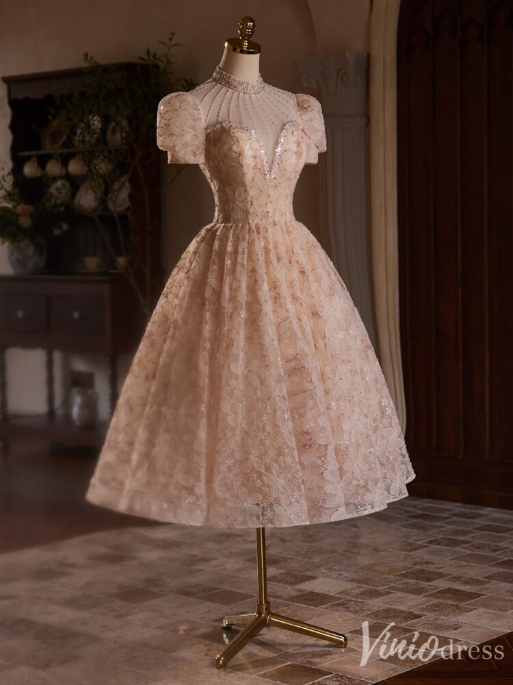 Blush Pink Floral Lace Homecoming Dresses High Neck Puffed Sleeve Tea Length Dress BJ044-prom dresses 2025 -Viniodress-Blush Pink-Custom Size-