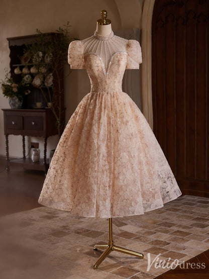 Blush Pink Floral Lace Homecoming Dresses High Neck Puffed Sleeve Tea Length Dress BJ044-prom dresses 2025 -Viniodress-Blush Pink-Custom Size-