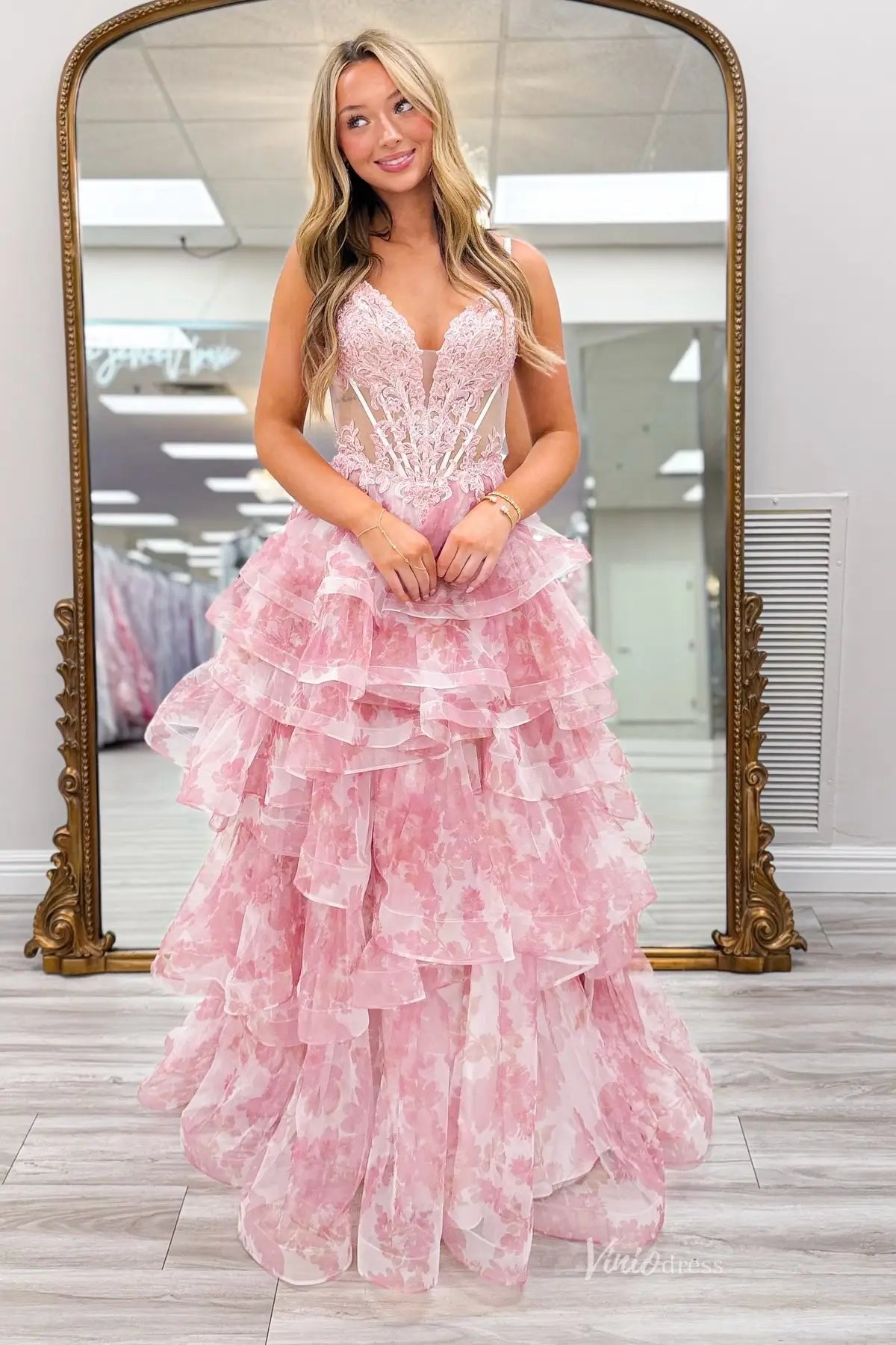 Blush Pink Floral Print Prom Dress with Deep V Neck & Tiered Ruffle Skirt RF059-prom dresses 2026-Viniodress-Pink-Custom Size-