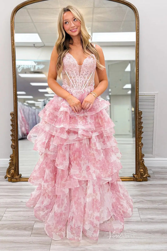 Blush Pink Floral Print Prom Dress with Deep V Neck & Tiered Ruffle Skirt RF059-prom dresses 2026-Viniodress-Pink-Custom Size-