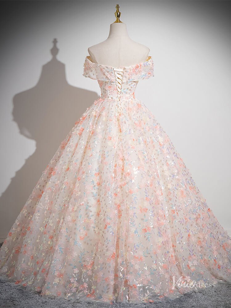 Blush Pink Floral Sequin Lace Prom Ball Gown Off the Shoulder Quinceanera Dresses BG053-prom dresses 2025 -Viniodress-Blush Pink-Custom Size-